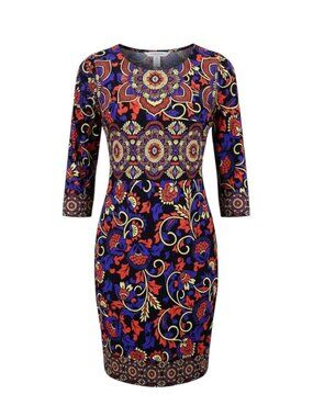 DM Collection Womens Floral-Print 3/4 Sleeve Bodycon Dress Multicolor Size 10